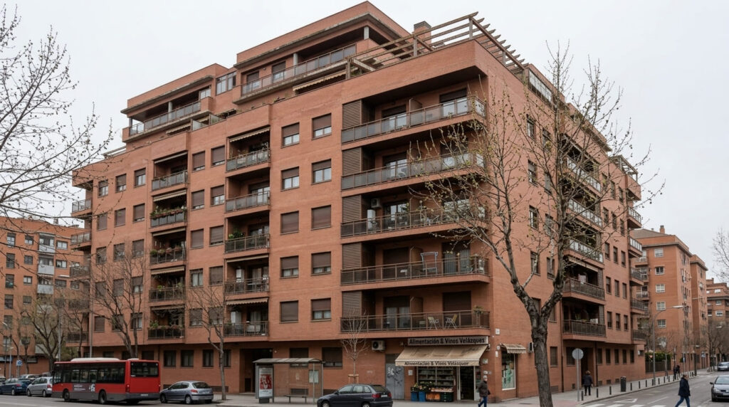 Edificio de viviendas de varias plantas con fachada de ladrillo visto y balcones