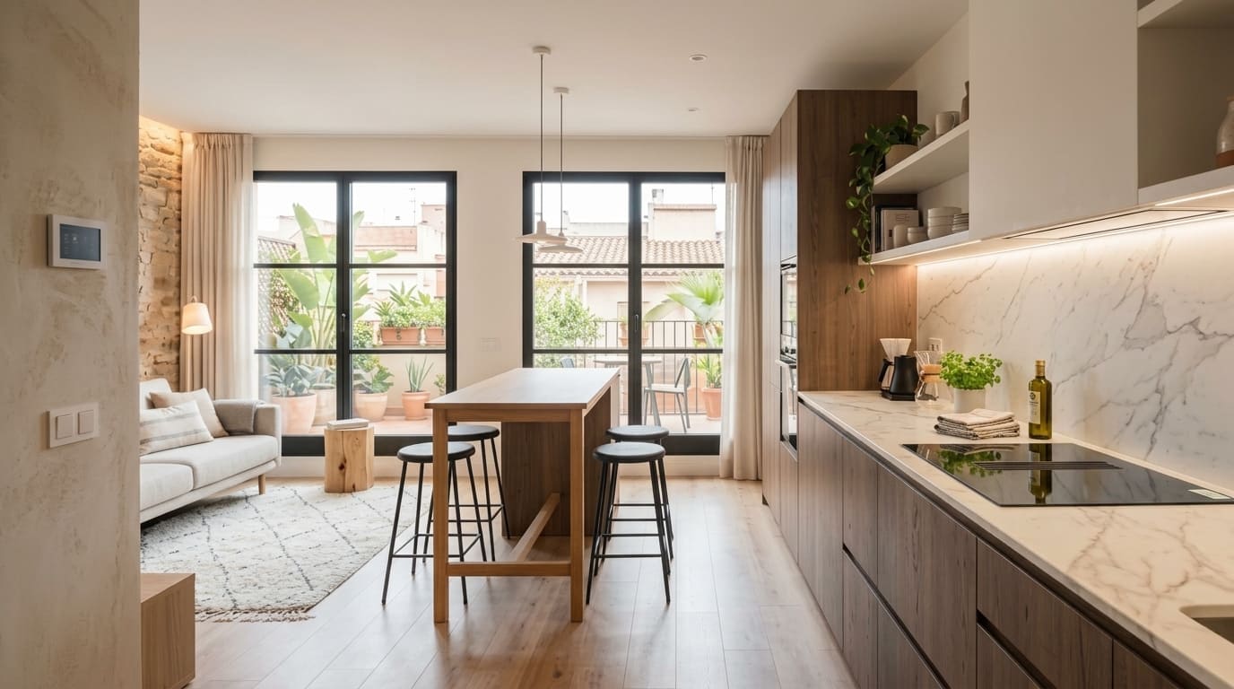 Cocina y salón reformados, con isla de cocina y acabados en madera