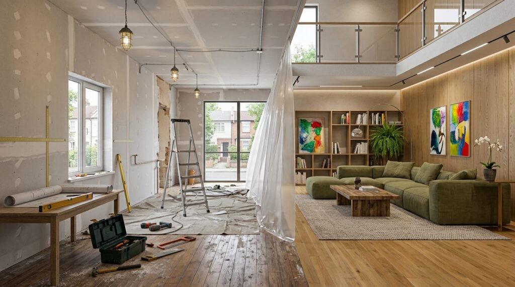 Vivienda en obras durante una reforma integral, con salón ya terminado al fondo