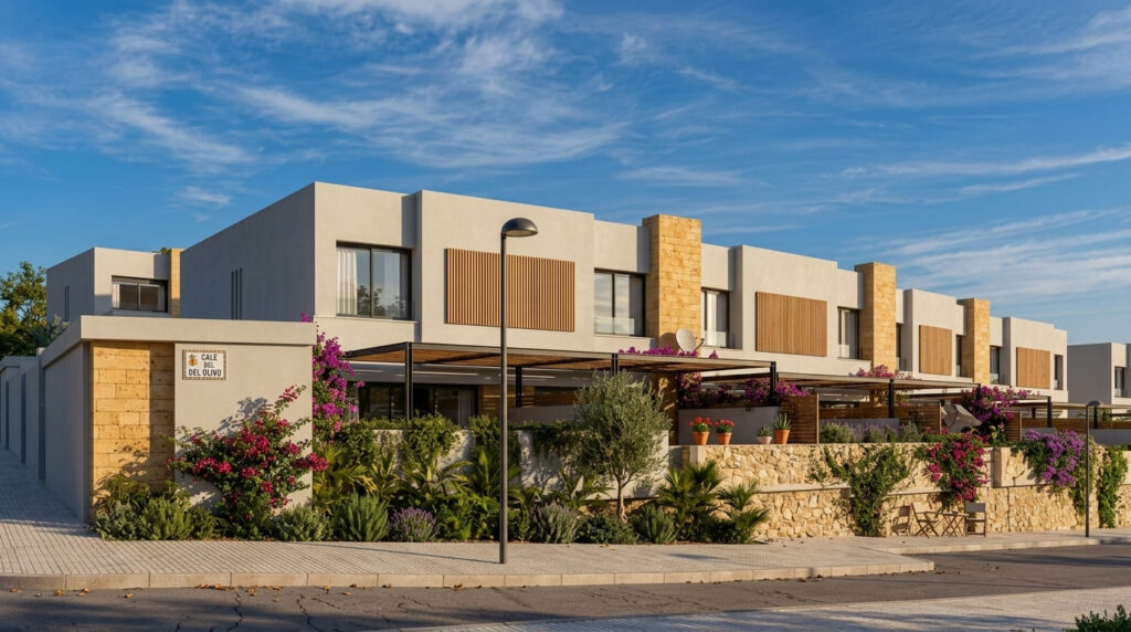 Urbanización de vivienda unifamiliar de obra nueva con fachadas modernas y zonas ajardinadas