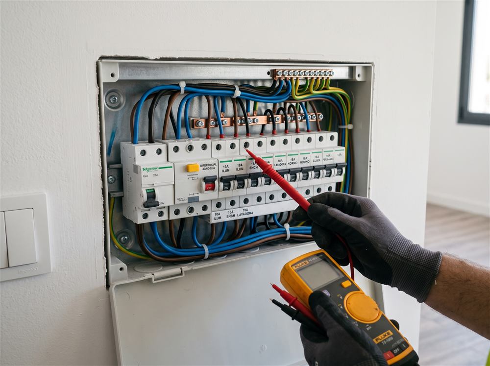Cuadro electrico abierto con tecnico revisando con testador