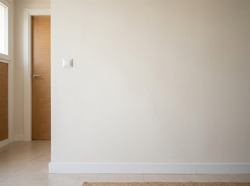 Fisura fina y discreta en pared enlucida de una vivienda