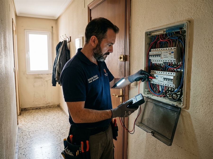 Tecnico revisando cuadro electrico en vivienda de segunda mano