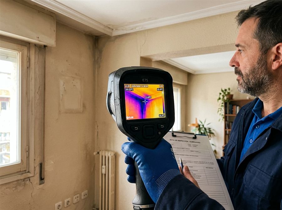 Camara termografica en uso durante inspeccion de vivienda